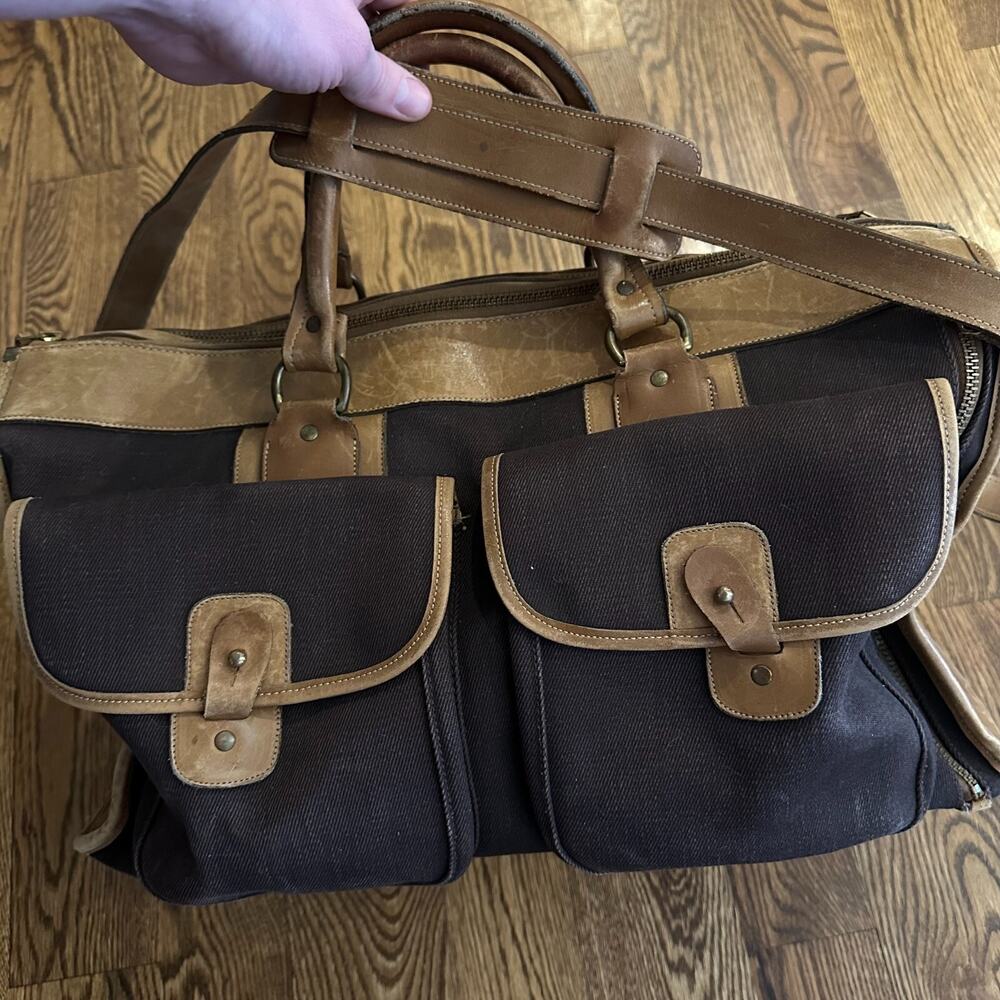 Brahmin Weekender Men's Leather Canvas Bag Brown Pockets Handle Messenger Bag